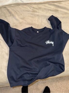 Stussy Navy Blue Crewneck Sweatshirt with White Logo